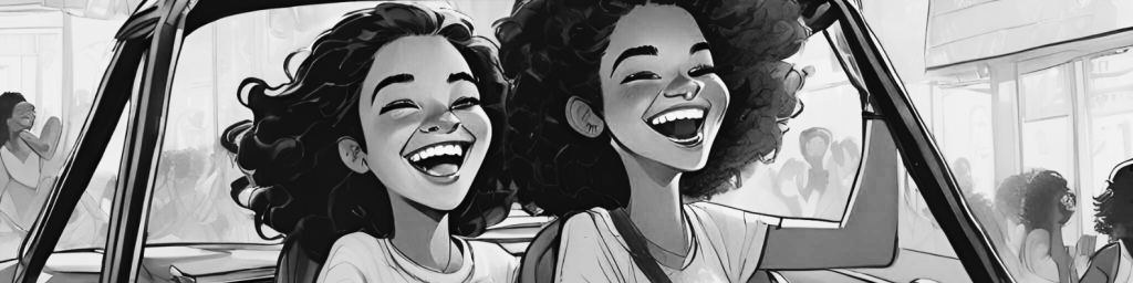 two girls driving in a care laughing