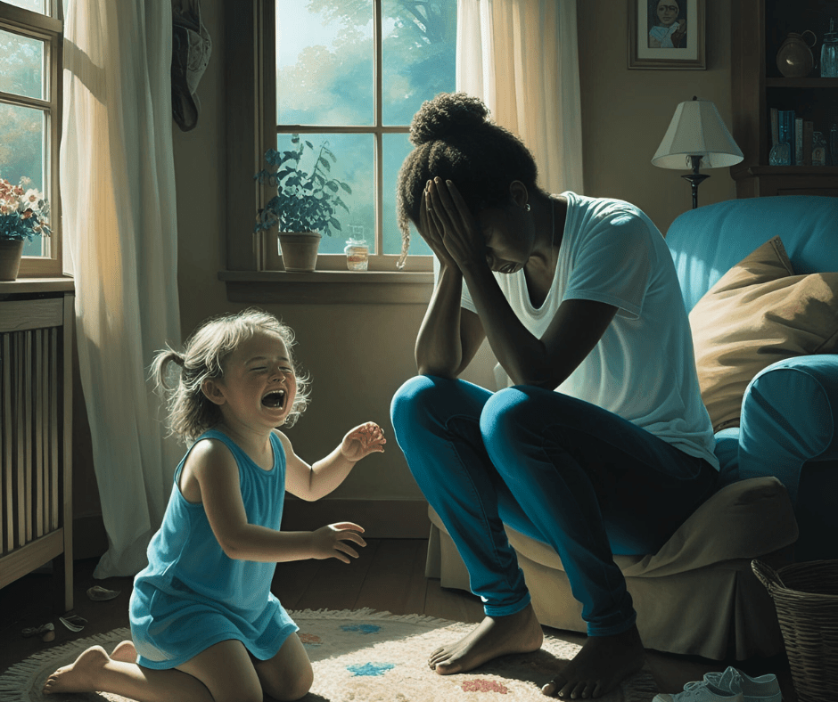 woman with head in hands, while child cries on the floor
